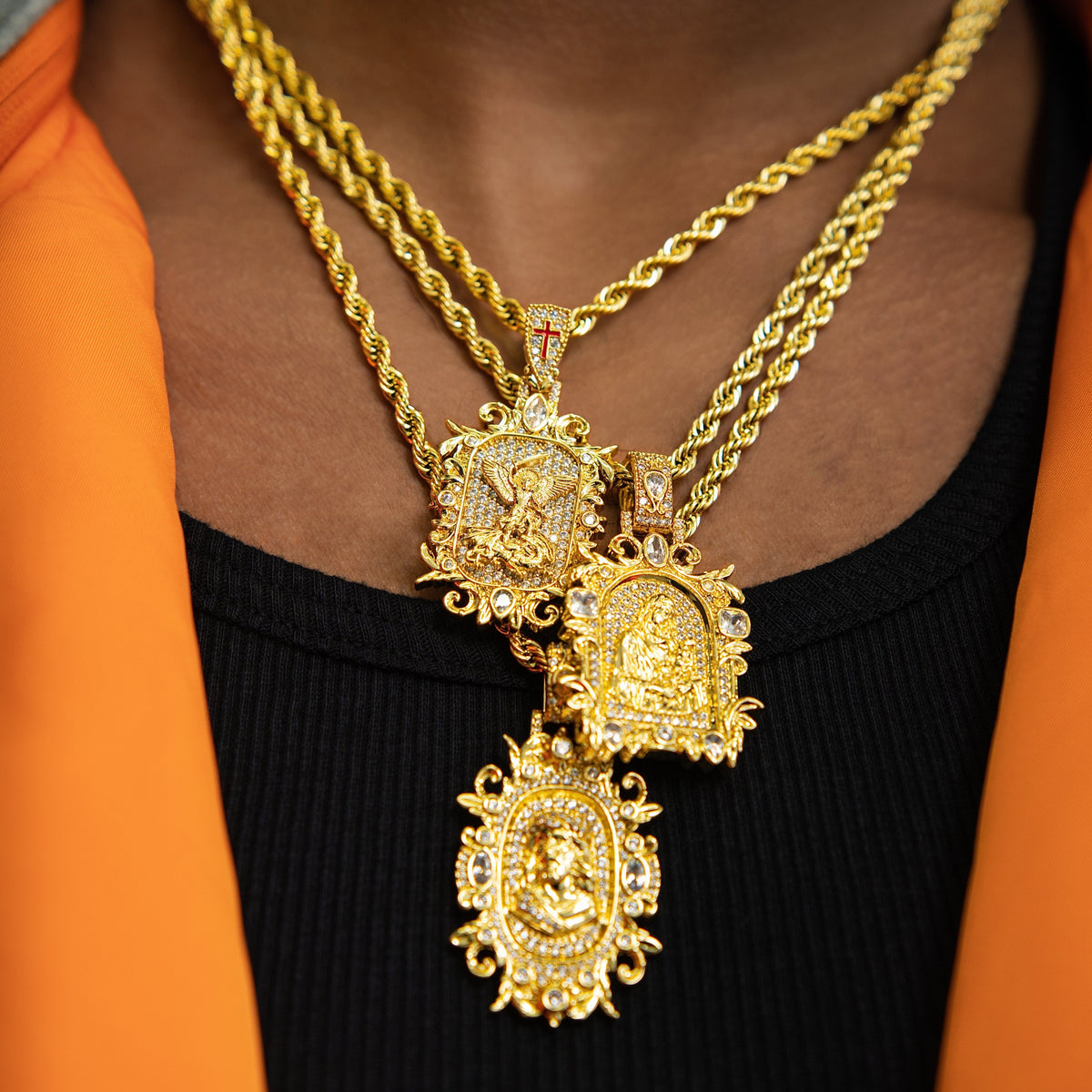 GLD Men Iced Medieval Saint Michael Dragon Pendant in Yellow Gold