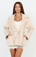 Dahlia Coat - Single Breasted Belted Short Wool Like Coat in Beige