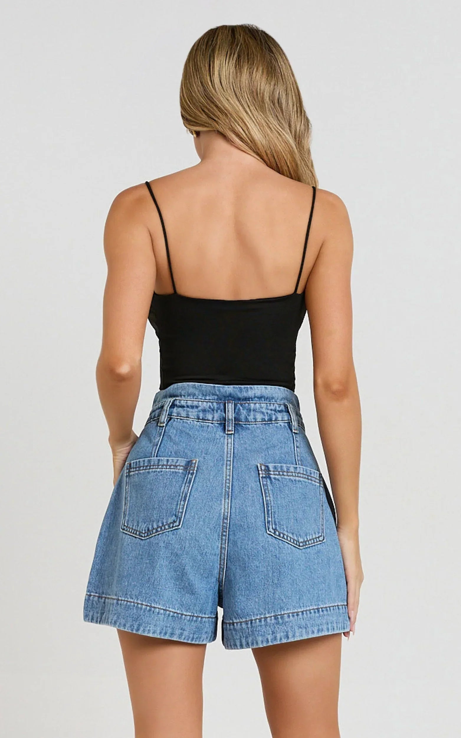 Kayla Shorts - High Waisted A Line Denim Shorts in Mid Blue Wash