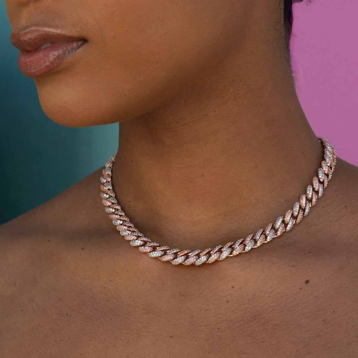 GLD Women Diamond Cuban Necklace in Rose/White Gold - 8.5mm