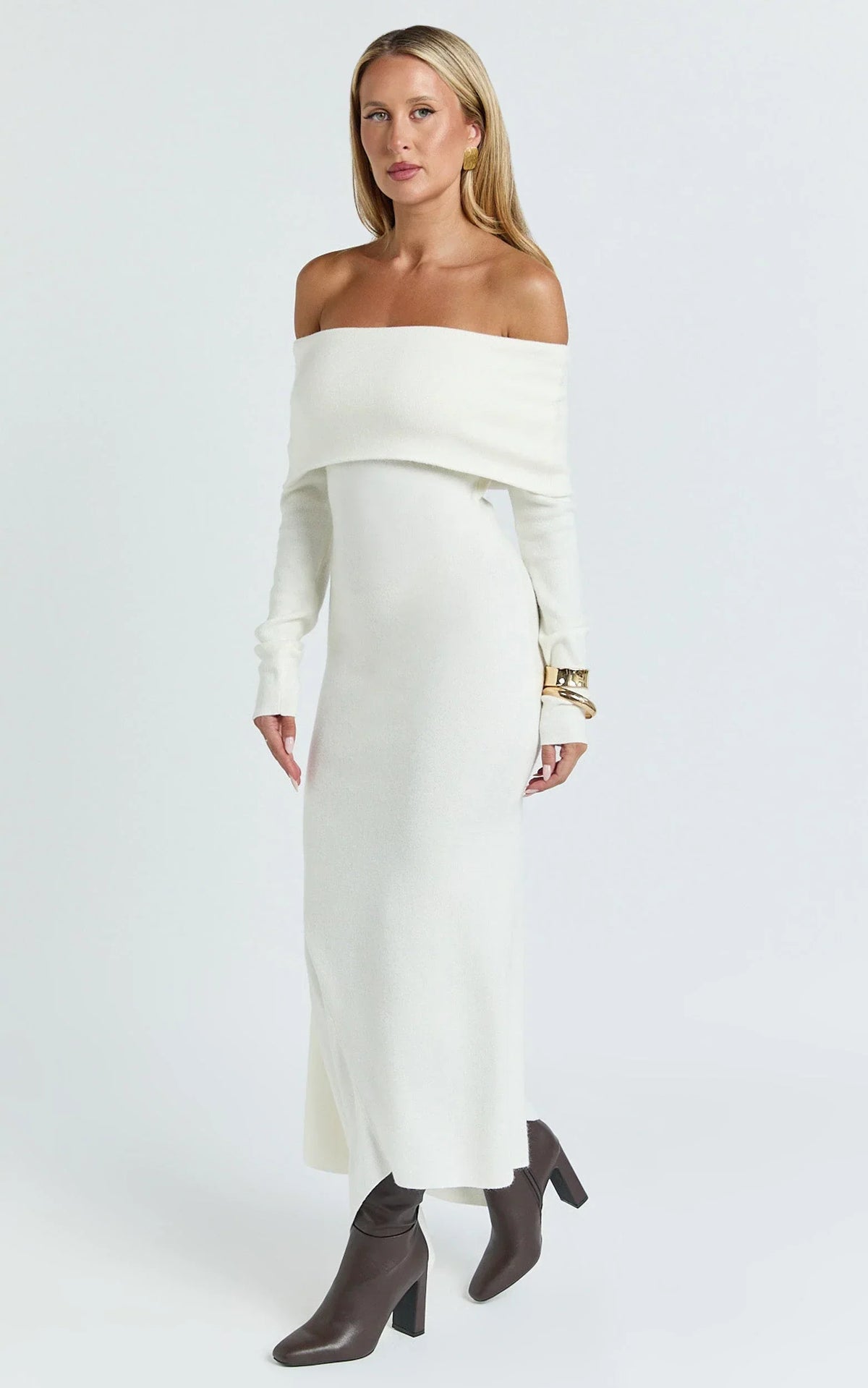 Karina Midi Dress - Long Sleeve Folded Off Shoulder Asymmetric Dress in Cream