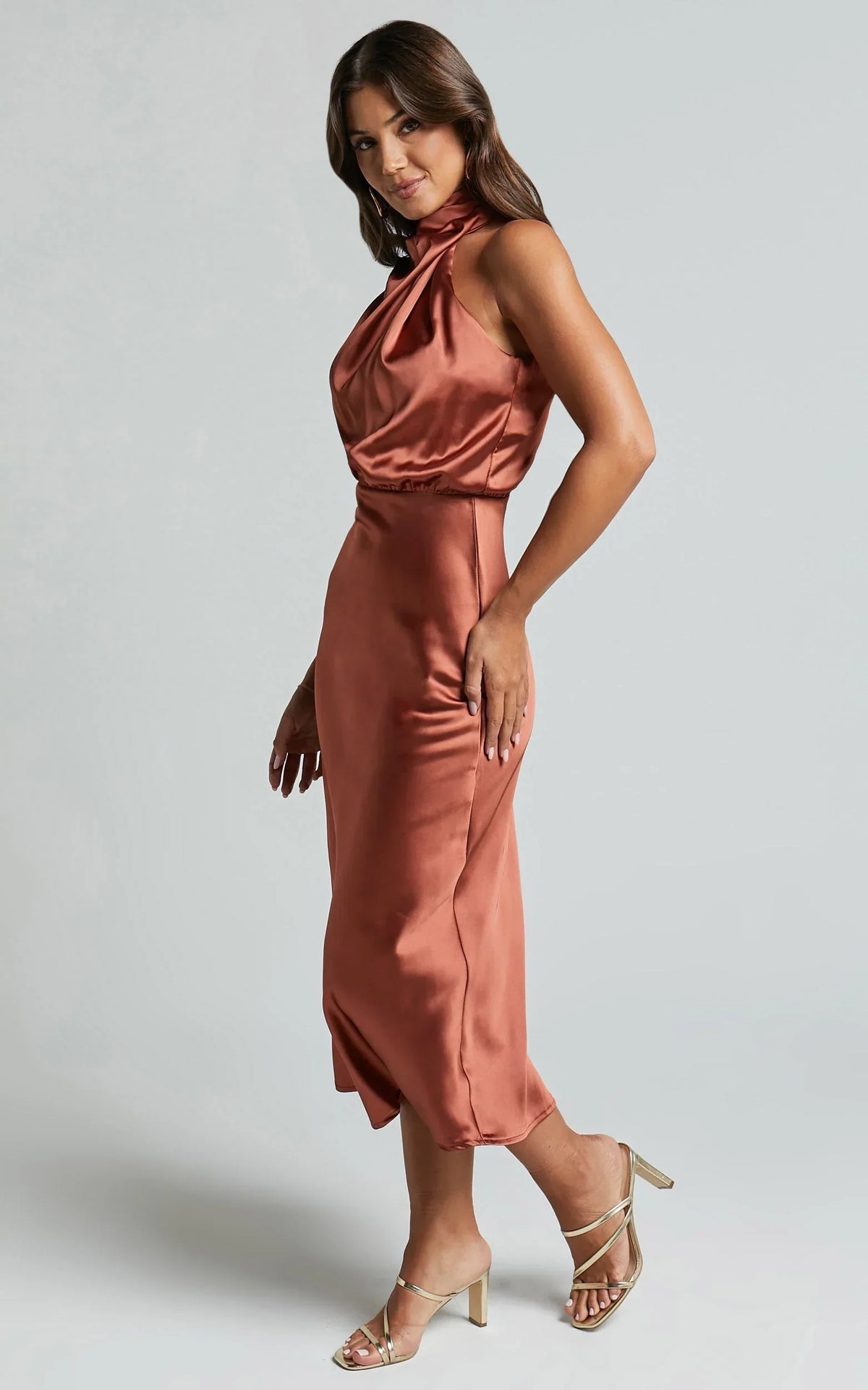 Minnie Midi Dress - Drape Neck Satin Slip Dress in Copper