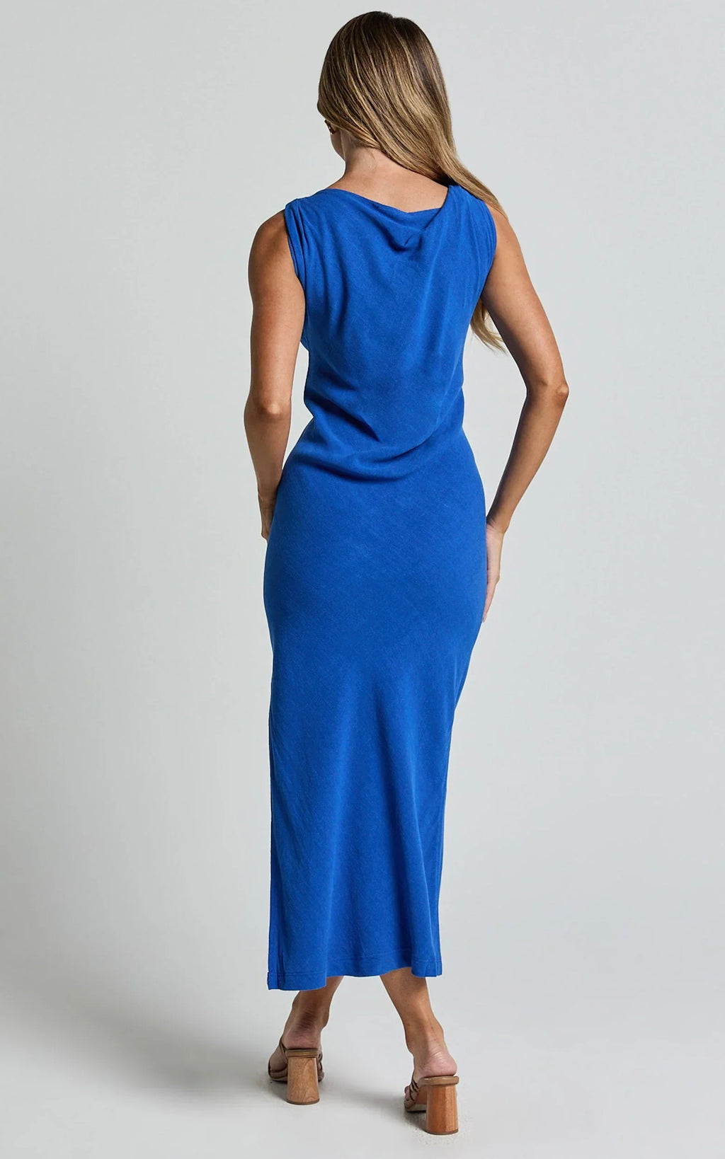 Jessenia Midi Dress - Linen High Neck Dress in Cobalt