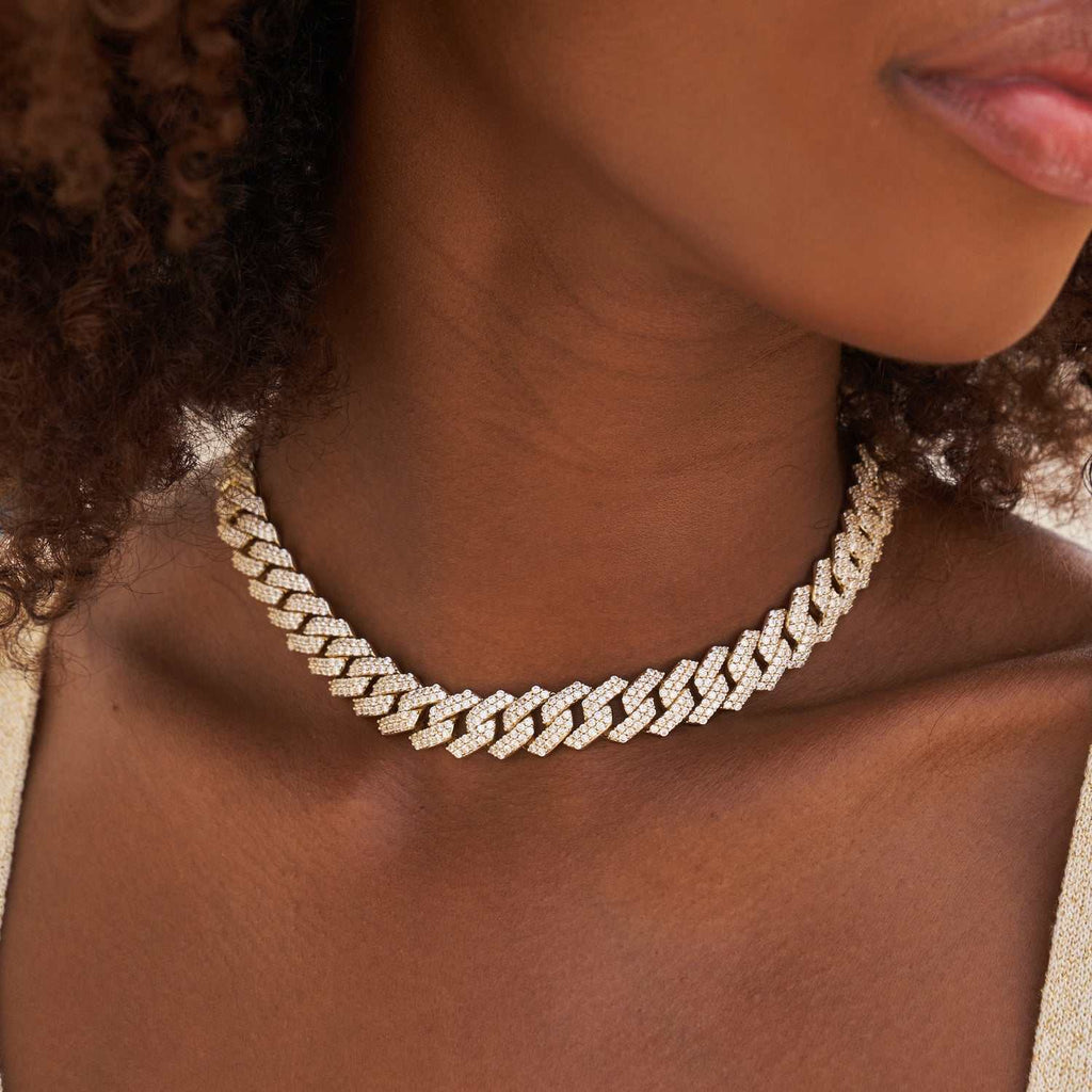 GLD Women Diamond Prong Link Necklace in Yellow Gold - 12mm