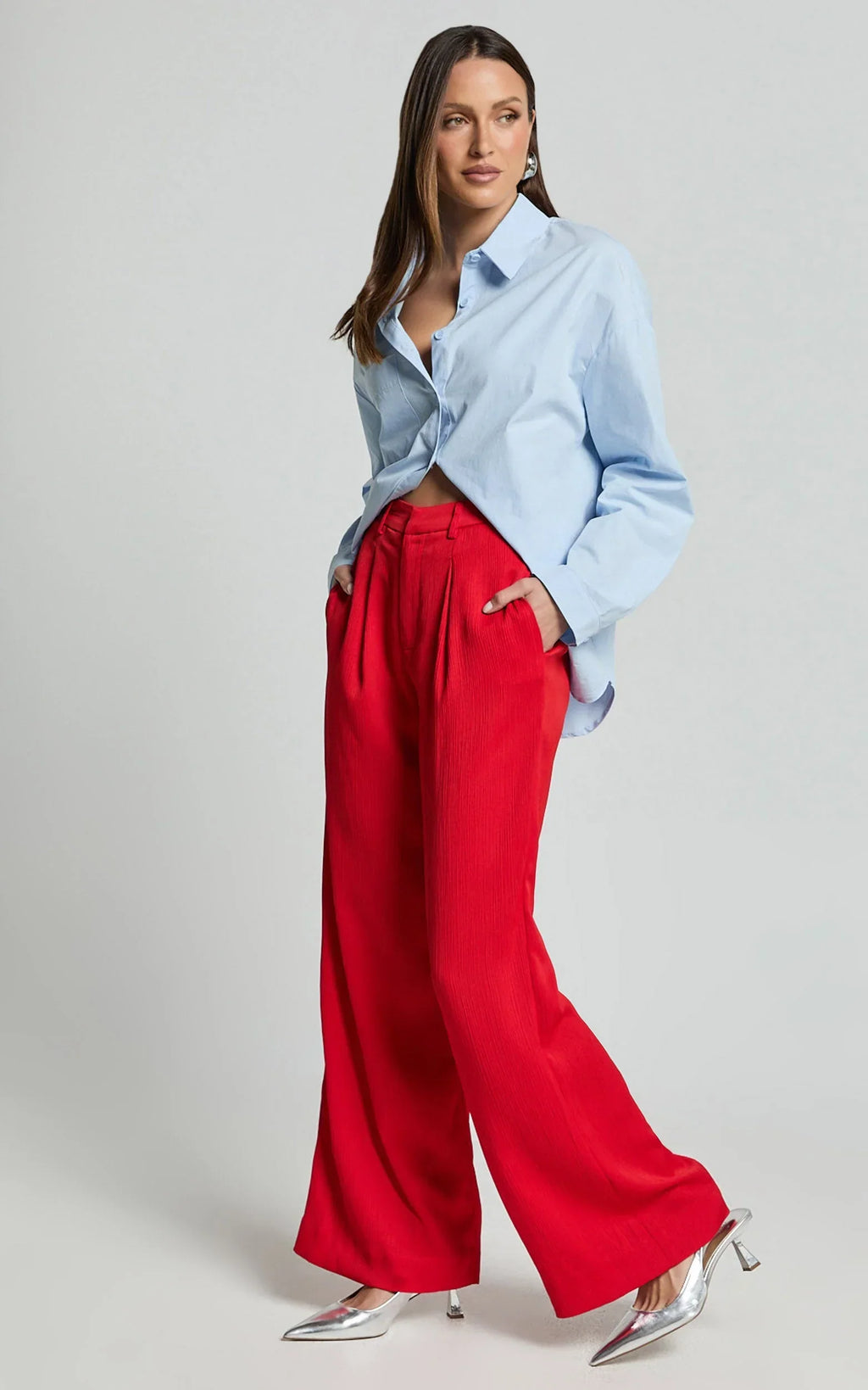 Jacie Pants - High Waisted Relaxed Textured Pants in Red
