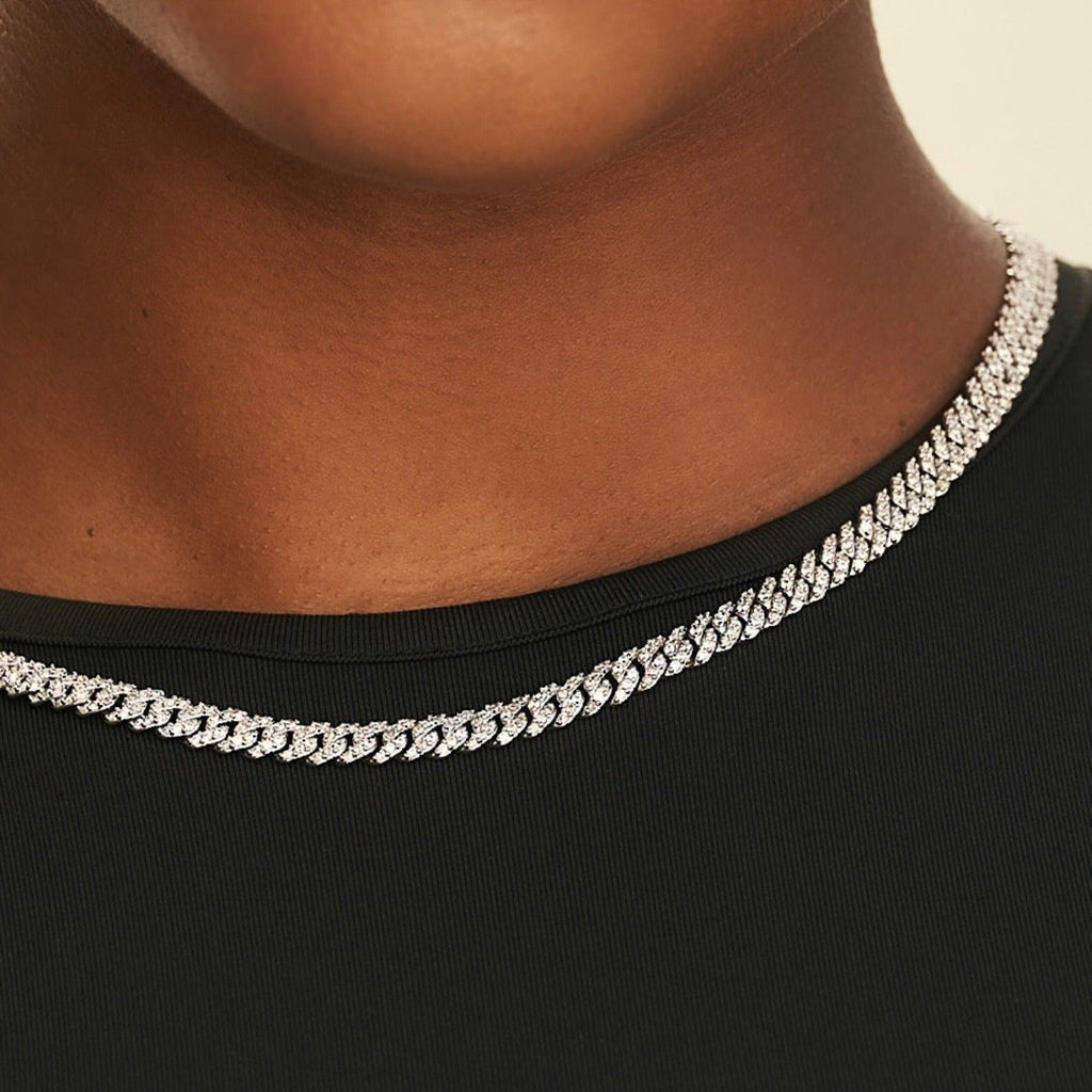 GLD Women Micro Diamond Prong Cuban Necklace in White Gold - 6mm