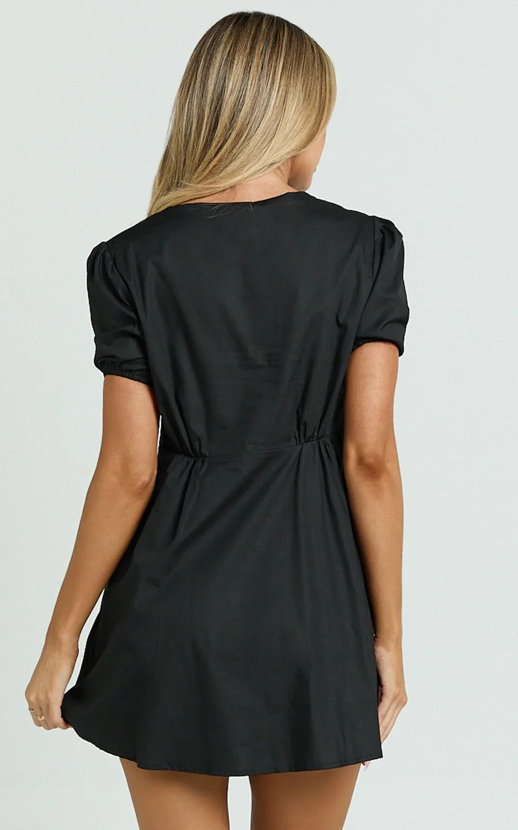 Hattie Mini Dress - Tie Front Puff Sleeve Dress in Black