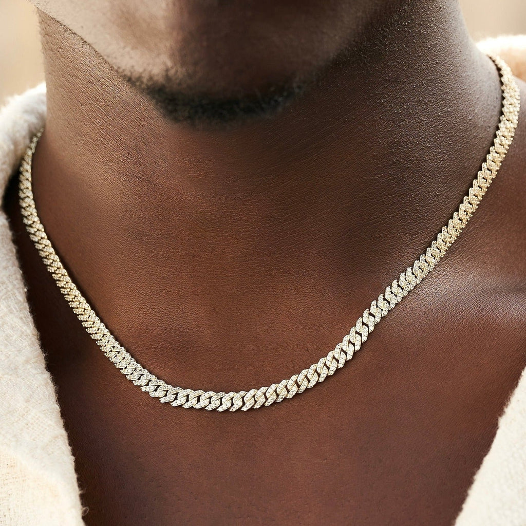 GLD Men Micro Diamond Prong Cuban Chain + Bracelet Bundle in White or Yellow Gold - 6mm