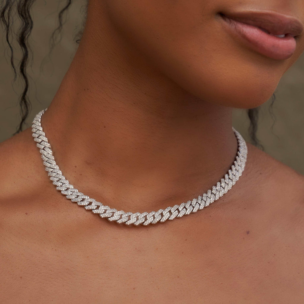 GLD Women 8.5mm Diamond Prong Cuban Necklace - White Gold