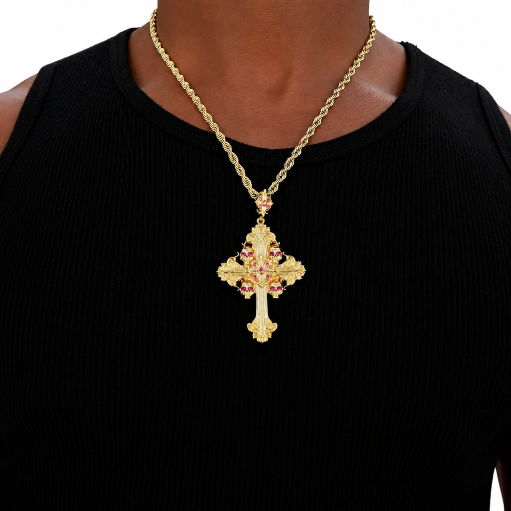 GLD Men Medieval Cross Ruby Stones Pendant in Yellow Gold