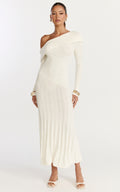 Elaine Midi Dress - Knit Off Shoulder Asymmetric Panel Dress in Cream