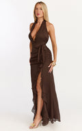 Eleonor Maxi Dress - Plunge Halter Tiered Ruffle Front Split Dress in Chocolate