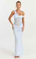 Elias Maxi Dress - Twisted One Shoulder Cowl Dropped Waist Dress in Blue