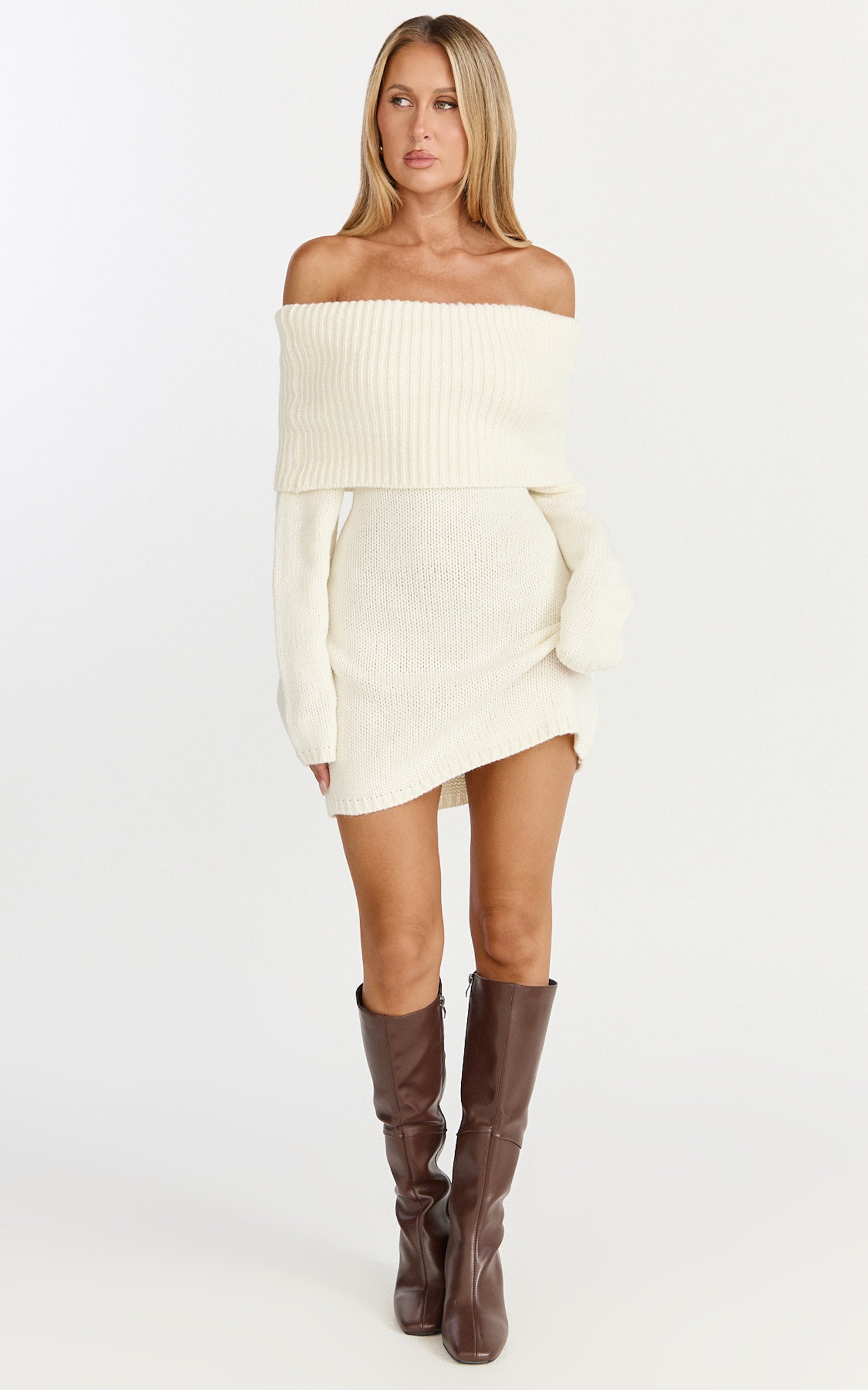 Erin Mini Dress - Cable Knit Off Shoulder Long Sleeve Dress in Cream