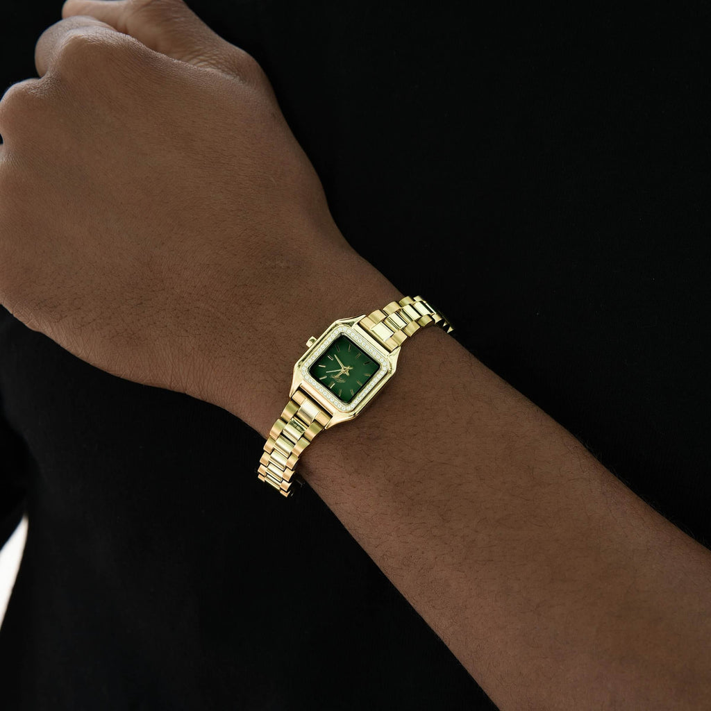 GLD Men 30MM Ethereal Iced Green Dial Band Watch - Yellow Gold