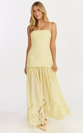 Everly Maxi Dress - Straight Neck Broderie Cut Out Hem Dress in Lemon