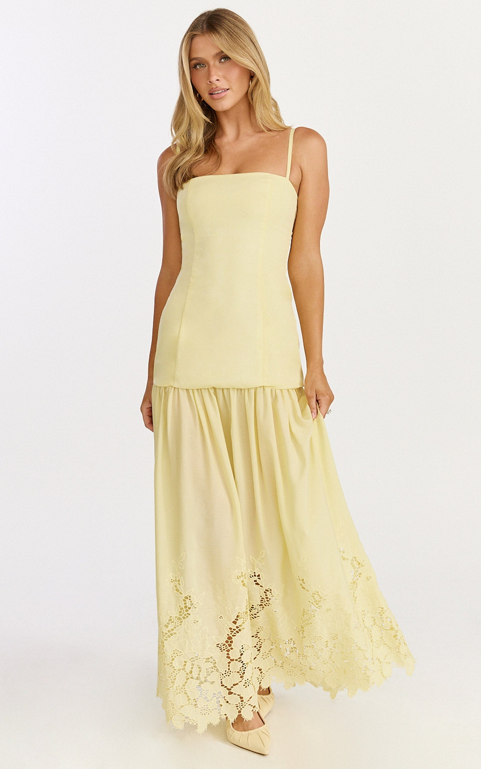 Everly Maxi Dress - Straight Neck Broderie Cut Out Hem Dress in Lemon
