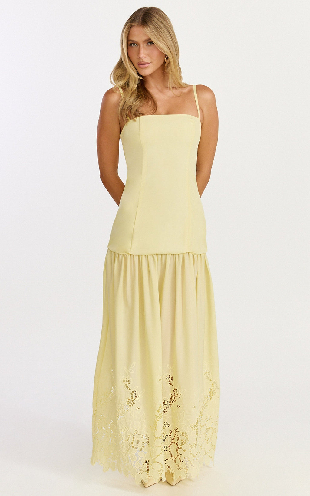 Everly Maxi Dress - Straight Neck Broderie Cut Out Hem Dress in Lemon