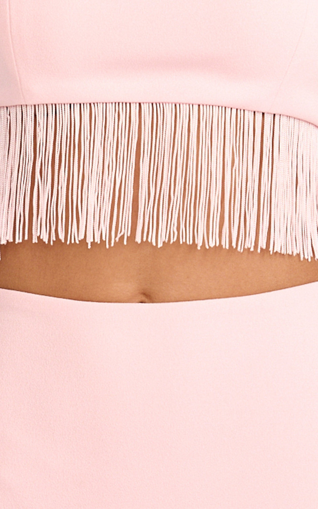 Evie Two Piece Top and Skirt Set - Fringed Micro Top And Tiered Fringed Mini Skirt in Pink