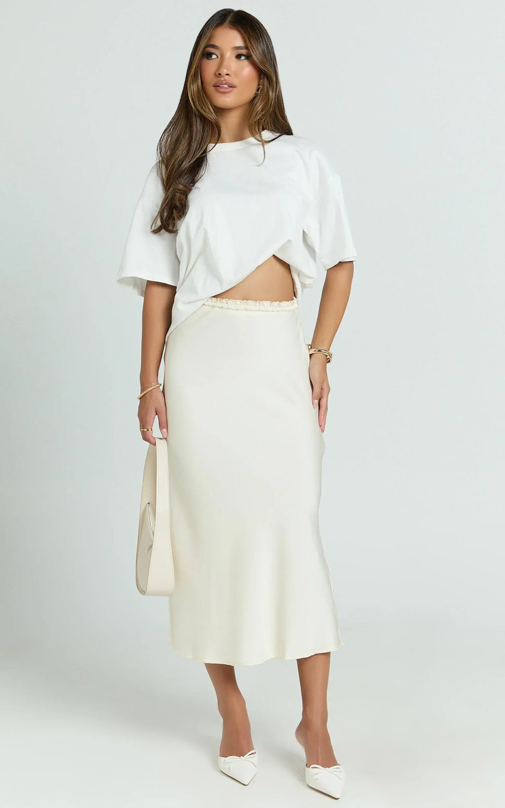 Georgine Midi Skirt - Mid Waist Slip Skirt in Cream