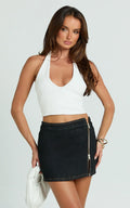 Jenny Mini Skirt - Side Split Denim Skirt with Zip Hardwear in Black Wash