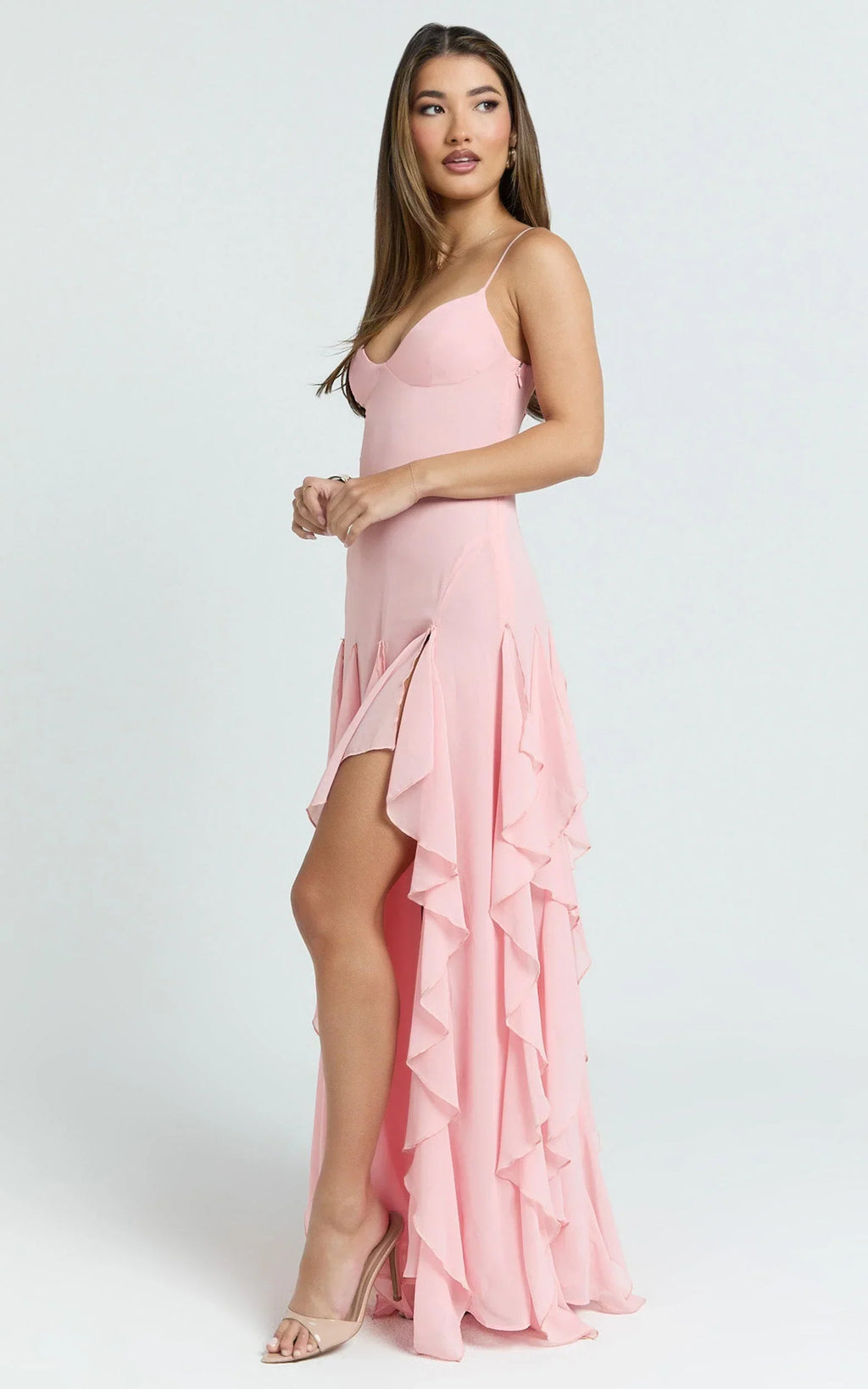 Maeve Maxi Dress - V Neck Ruffle Tier Slip Dress in Pink