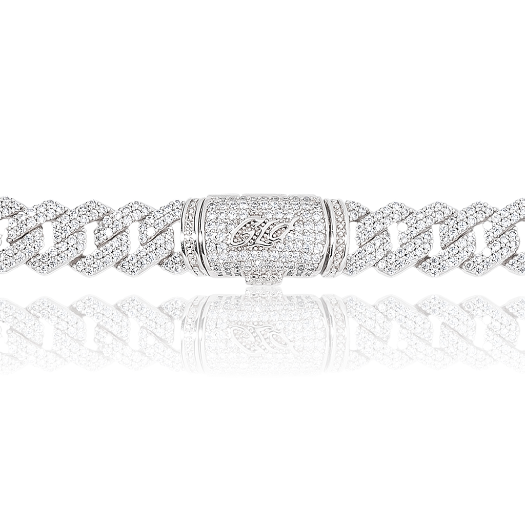 GLD Men Diamond Prong Link Chain in White Gold - 12mm