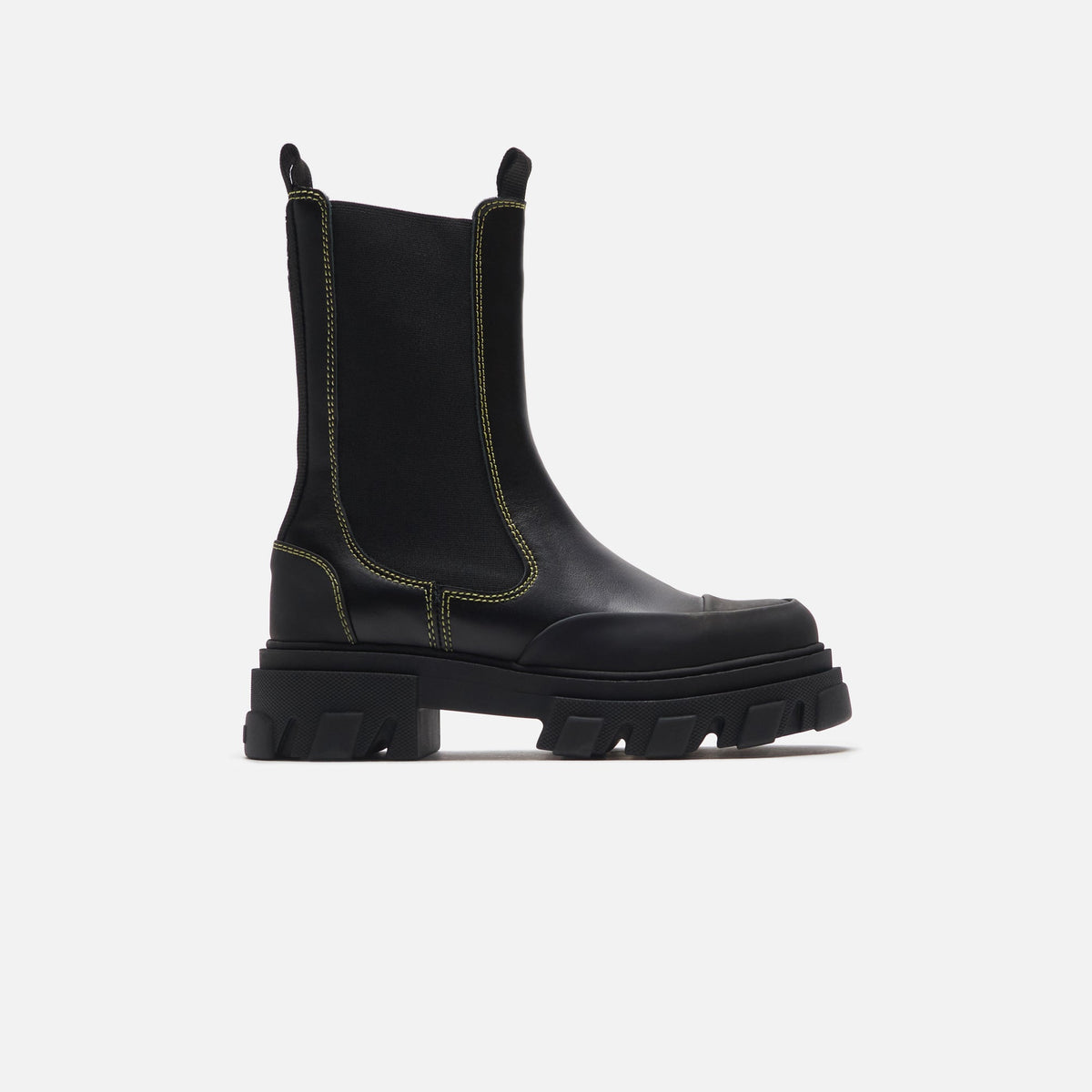 Ganni Mid Chelsea Yellow Stitch Boot - Black