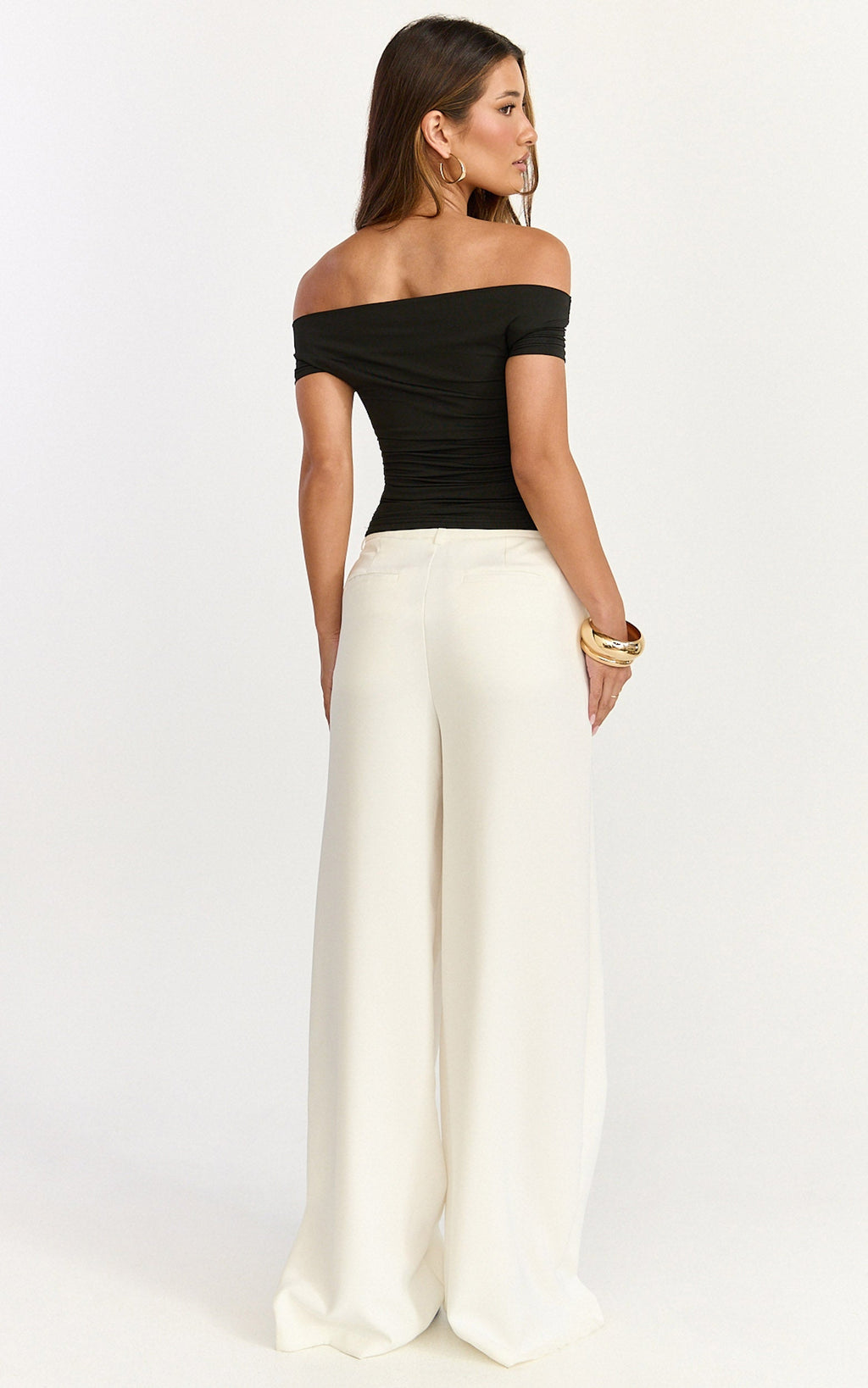 Gena Top - Off Shoulder Gathered Short Sleeve Top in Black