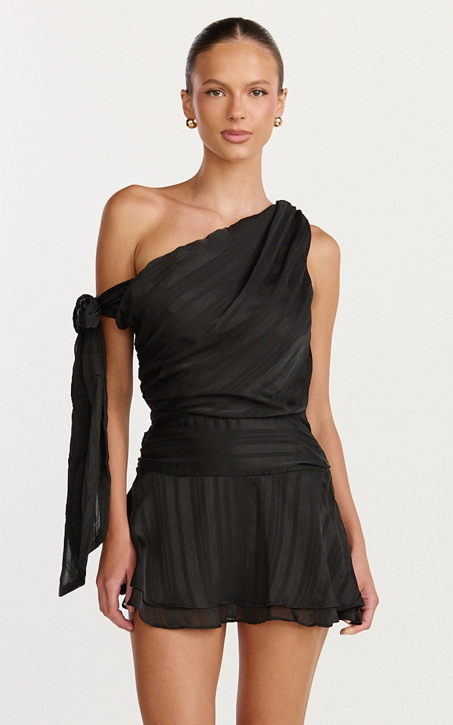Giselle Mini Dress - Asymmetrical One Shoulder Tie Detail Dress in Black