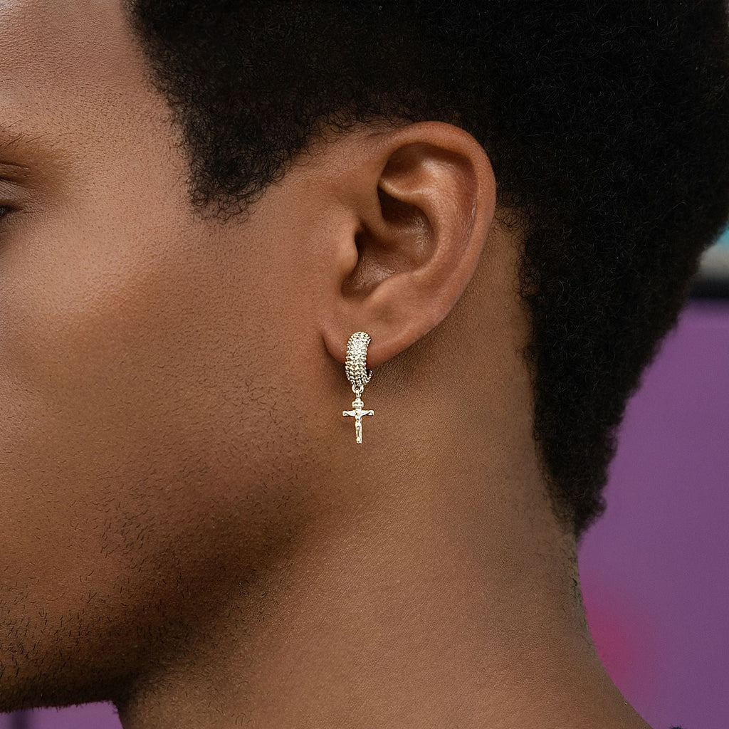 GLD Men Micro Huggie Hanging Crucifix Hoop Earring in White Gold