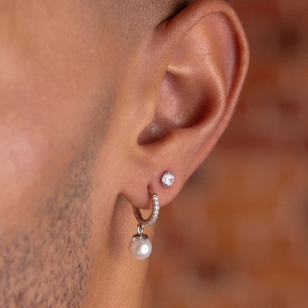 GLD Men Pave Extra Small Huggie Hoop Pearl Drop Earrings in White Gold