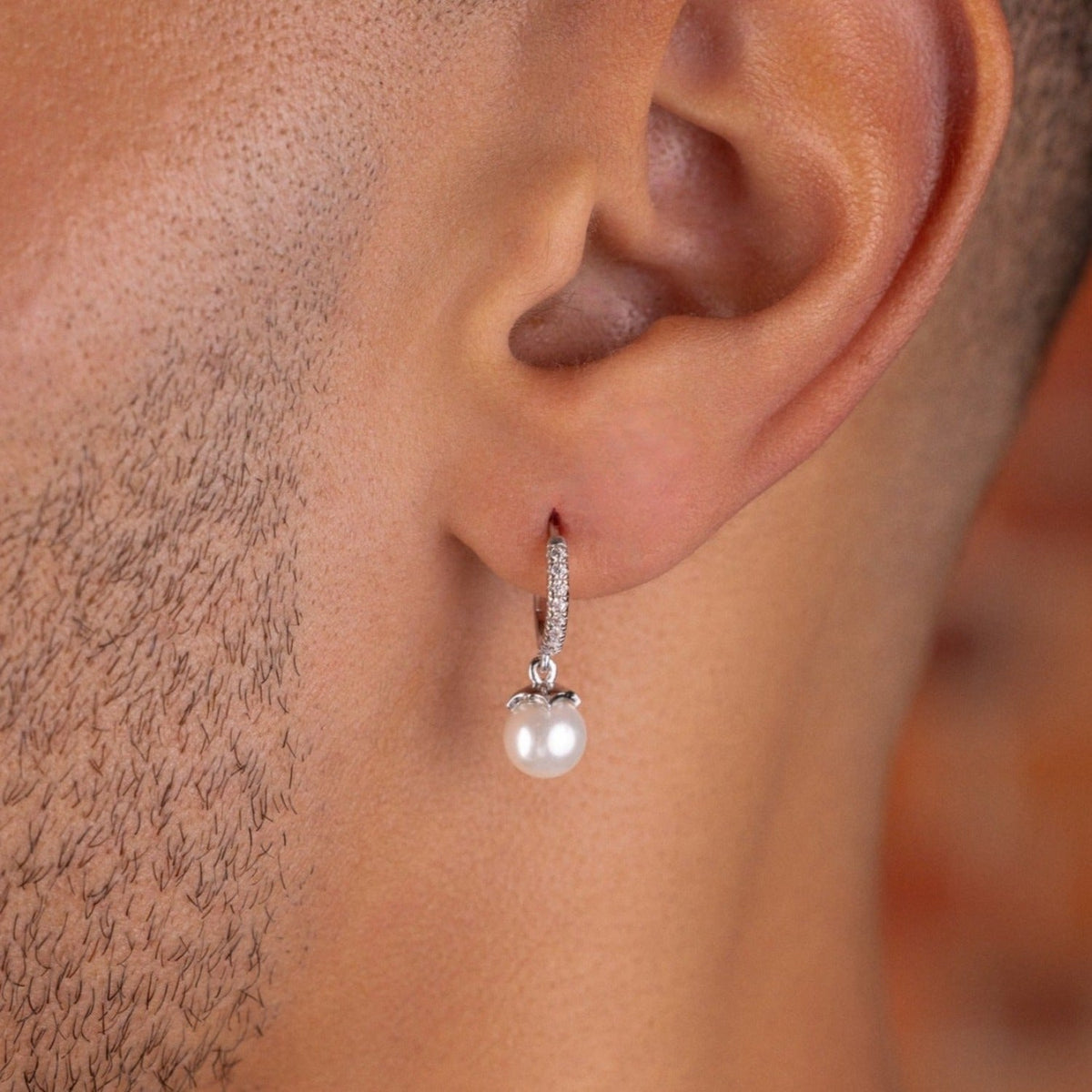 GLD Men Pave Extra Small Huggie Hoop Pearl Drop Earrings in White Gold