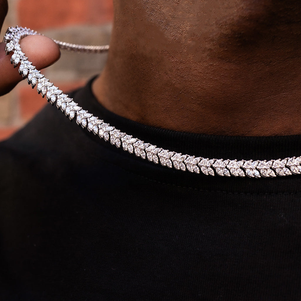 GLD Men Iced Herringbone Chain in White Gold- 7mm
