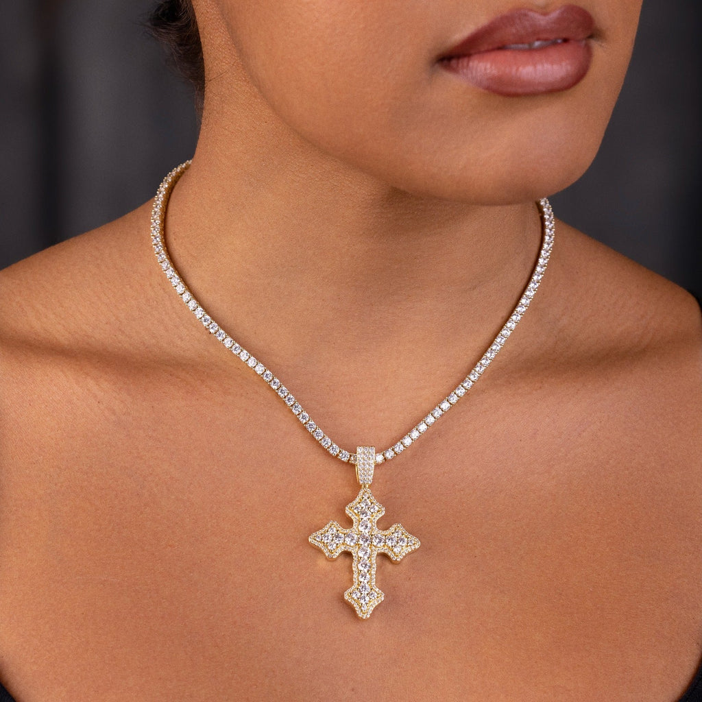 GLD Women Iced Gothic Cross in Yellow Gold