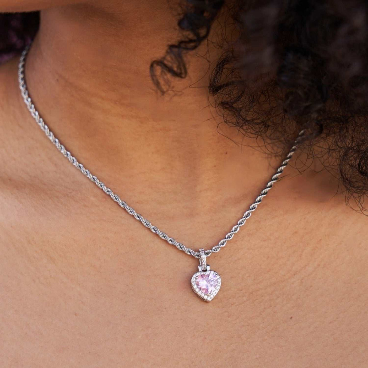 GLD Women Micro Iced Pink Heart Pendant in White Gold