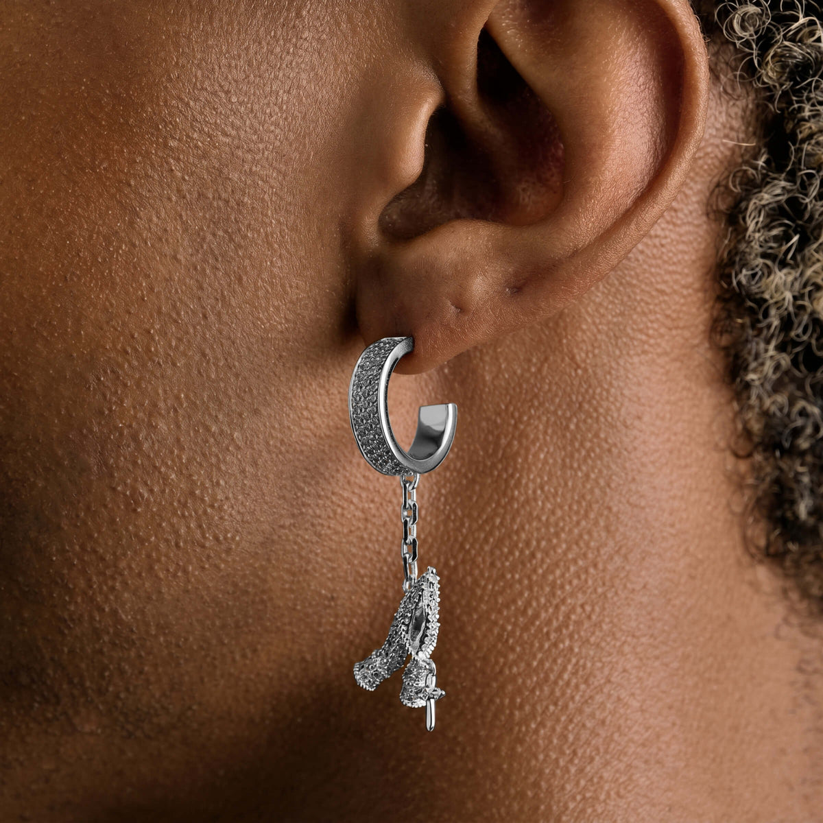 GLD Men Iced Hanging Praying Hands Hoop Earring in White Gold