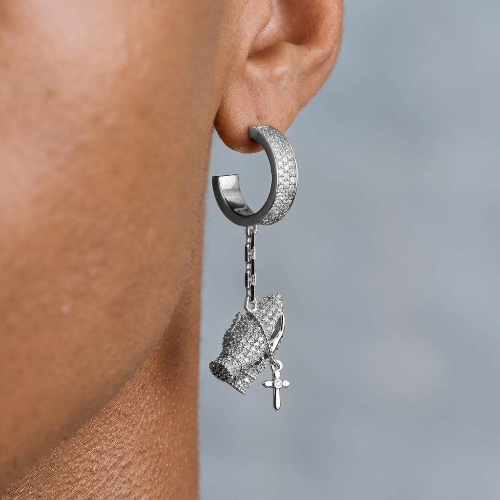 GLD Men Iced Hanging Praying Hands Hoop Earring in White Gold