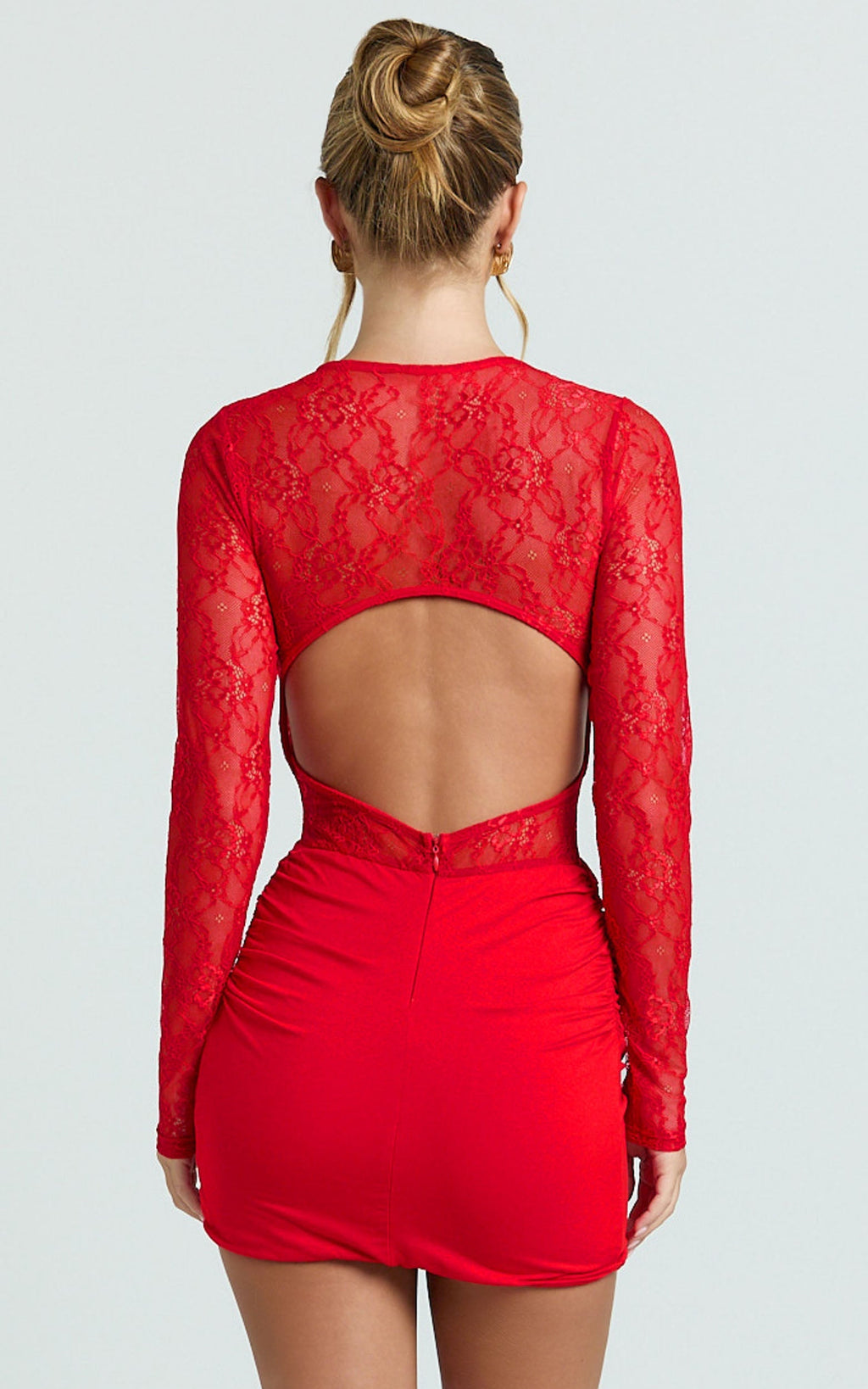 Imelda Mini Dress - Contrast Lace Long Sleeve Ruched Bodycon Dress in Red