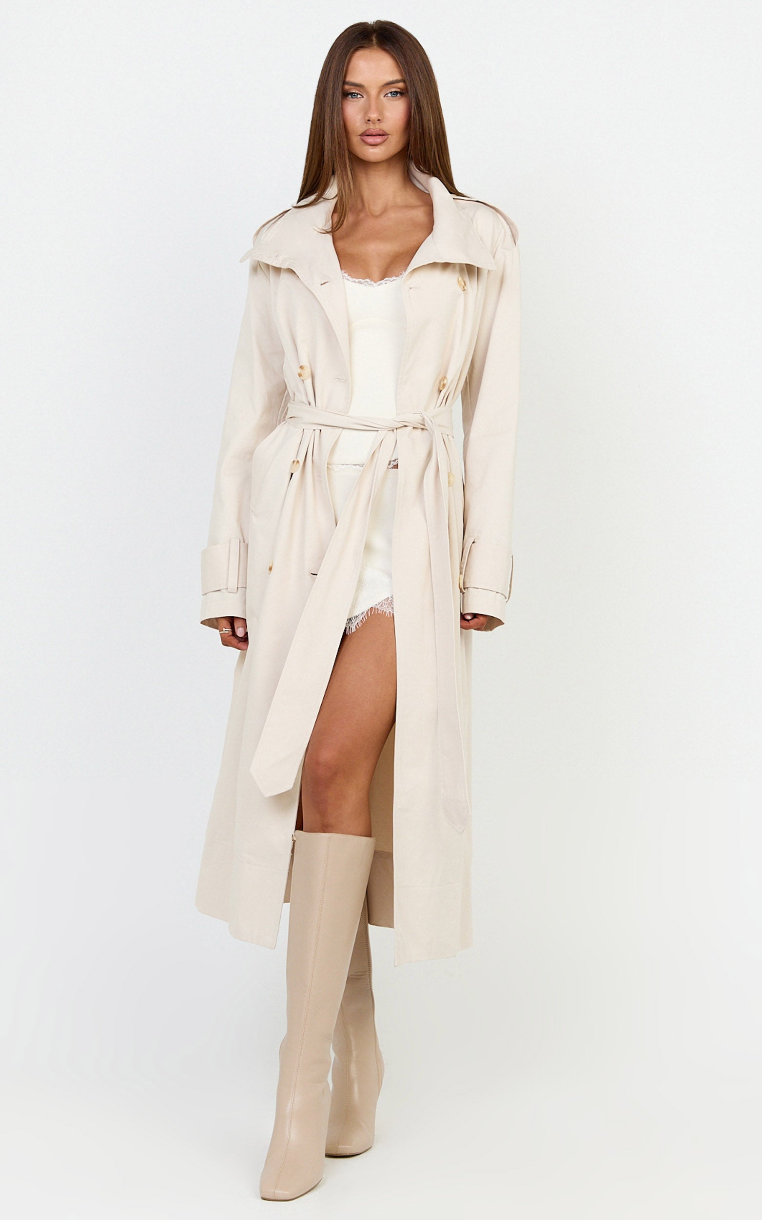 Isla Coat - Funnel Neck Double Breasted Longline Trench Coat in Stone