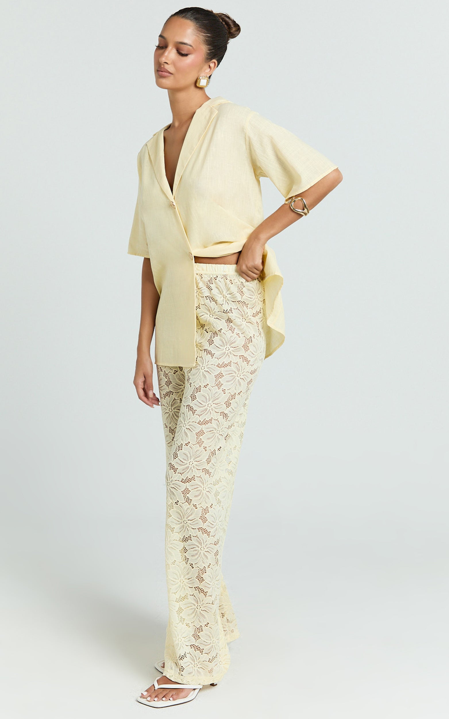 Jemma Two Piece Set - Relaxed Shirt and Lace Pants Set in Butter Yellow