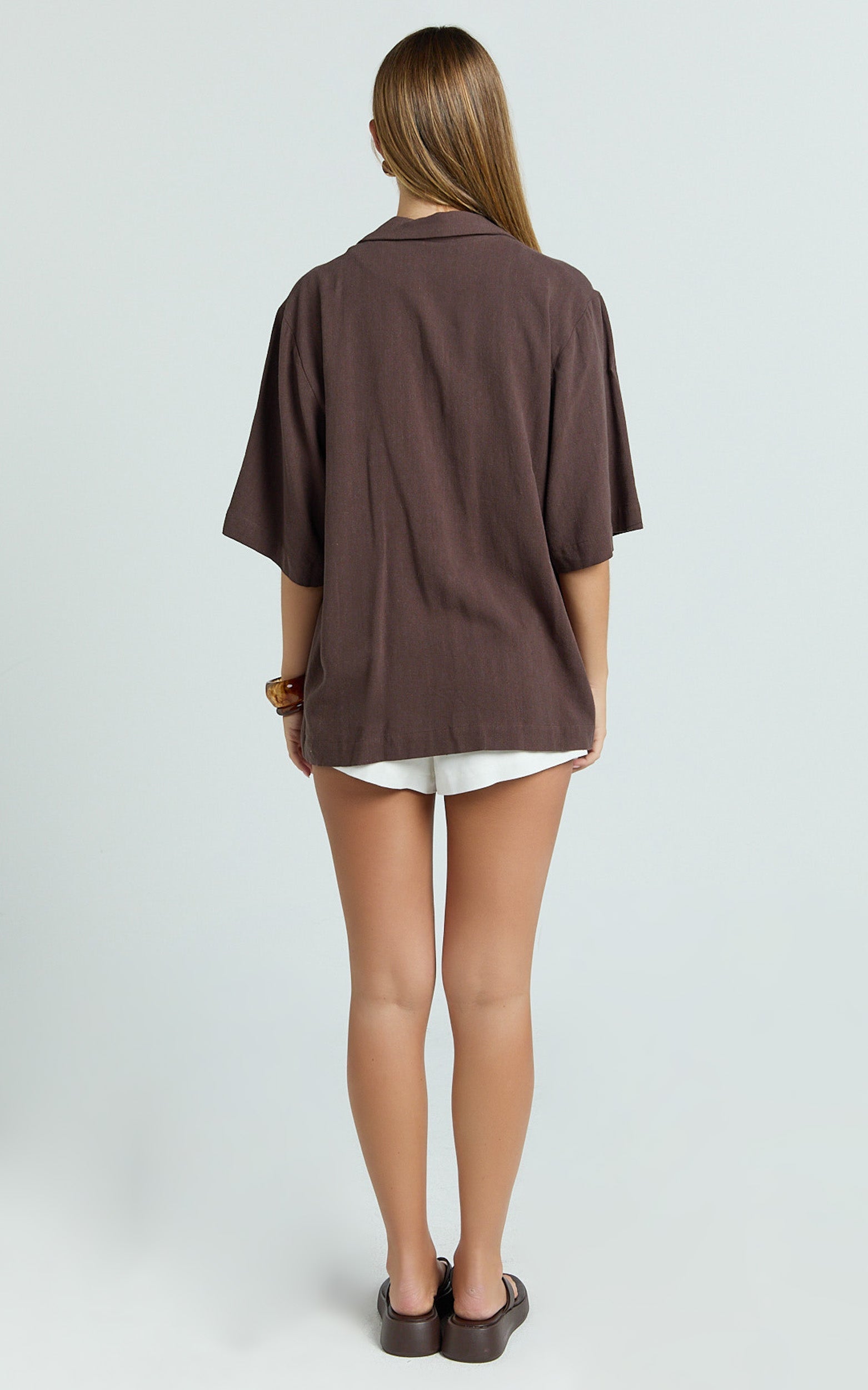 Joanna Top - Button Up Collared Short Sleeve Shirt in Chocolate