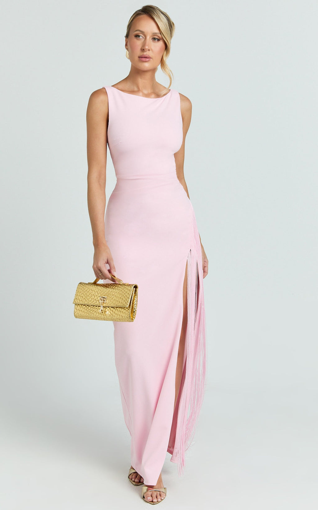 Joanne Maxi Dress - Scoop Neck Fringe Dress in Pink