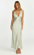 Khalani Maxi Dress - Deep V Neck Satin Slip Dress in Light Olive