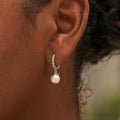 GLD Women Pave Extra Small Huggie Hoop Pearl Drop Earrings in White Gold
