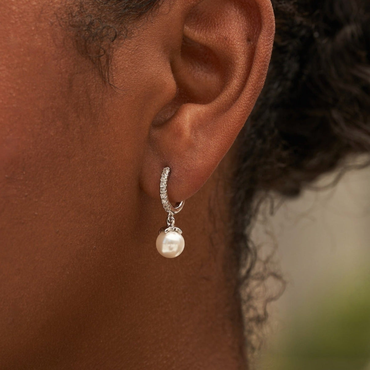 GLD Women Pave Extra Small Huggie Hoop Pearl Drop Earrings in White Gold