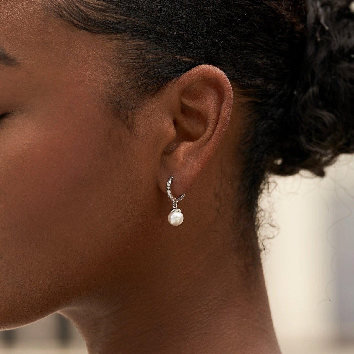 GLD Women Pave Extra Small Huggie Hoop Pearl Drop Earrings in White Gold