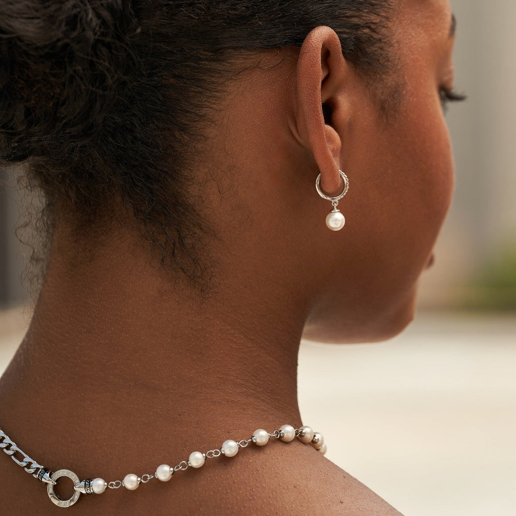 GLD Women Pave Extra Small Huggie Hoop Pearl Drop Earrings in White Gold