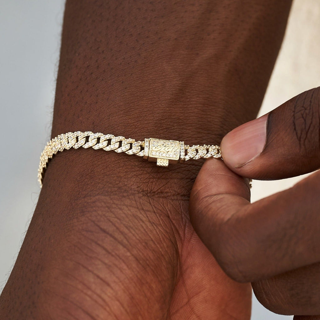 GLD Men Micro Diamond Prong Cuban Chain + Bracelet Bundle in White or Yellow Gold - 6mm