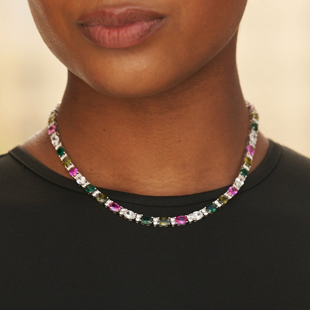 GLD Women Multicolor Mixed Oval Cut Tennis Necklace- 5mm